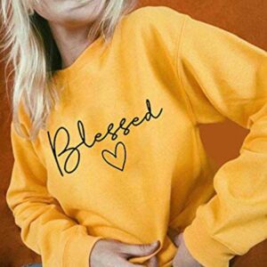 UNIQUEONE Blessed Sweatshirt for Women Letter Print Lightweight Thanksgiving Pullover Tops Blouse (Yellow, Large)