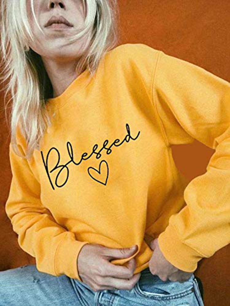 UNIQUEONE Blessed Sweatshirt for Women Letter Print Lightweight Thanksgiving Pullover Tops Blouse (Yellow, Large)