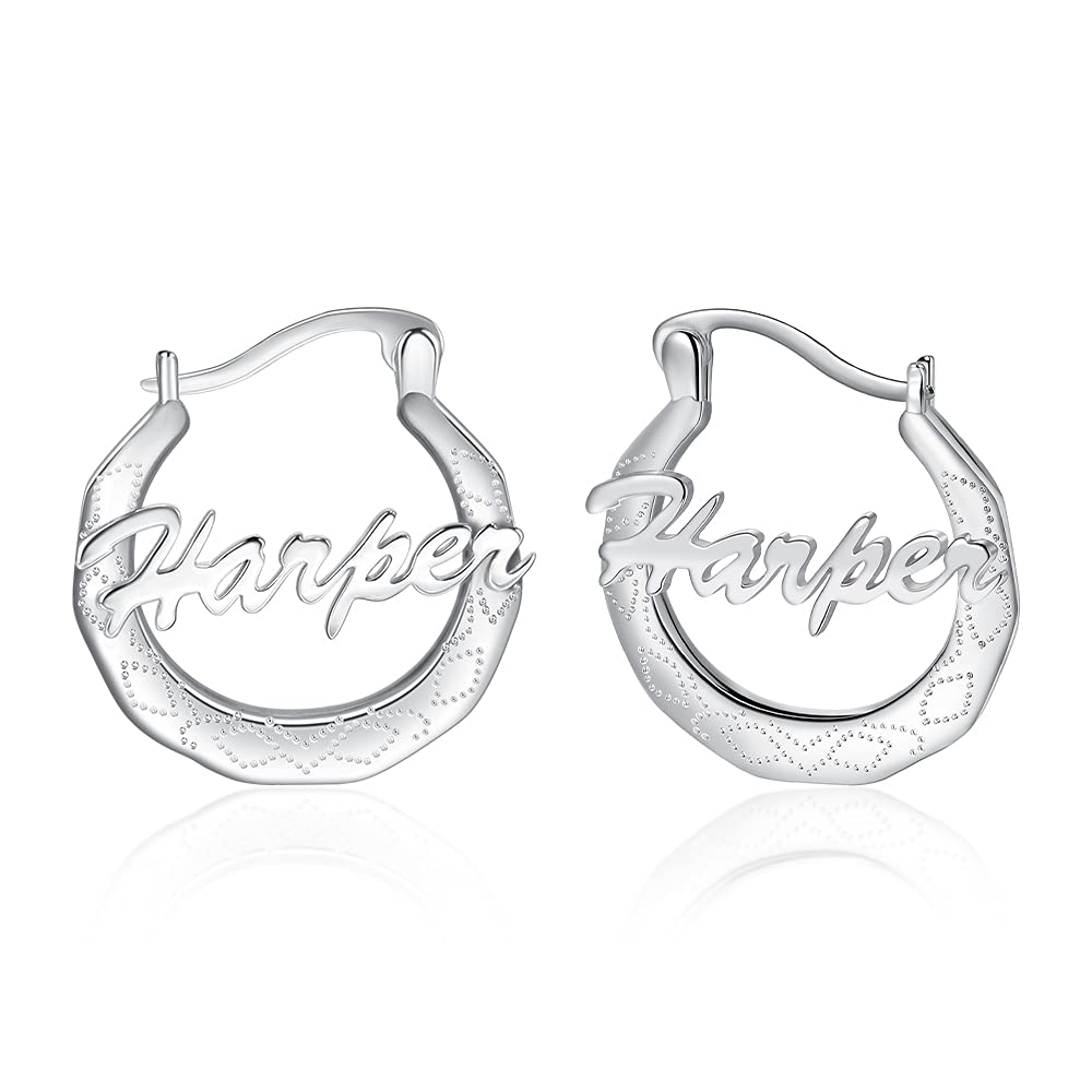 925 Sterling Silver Custom Name Earrings Personalized Script Initials Hoop Earrings Jewelry for Women Personalize with Any Name (Silver)