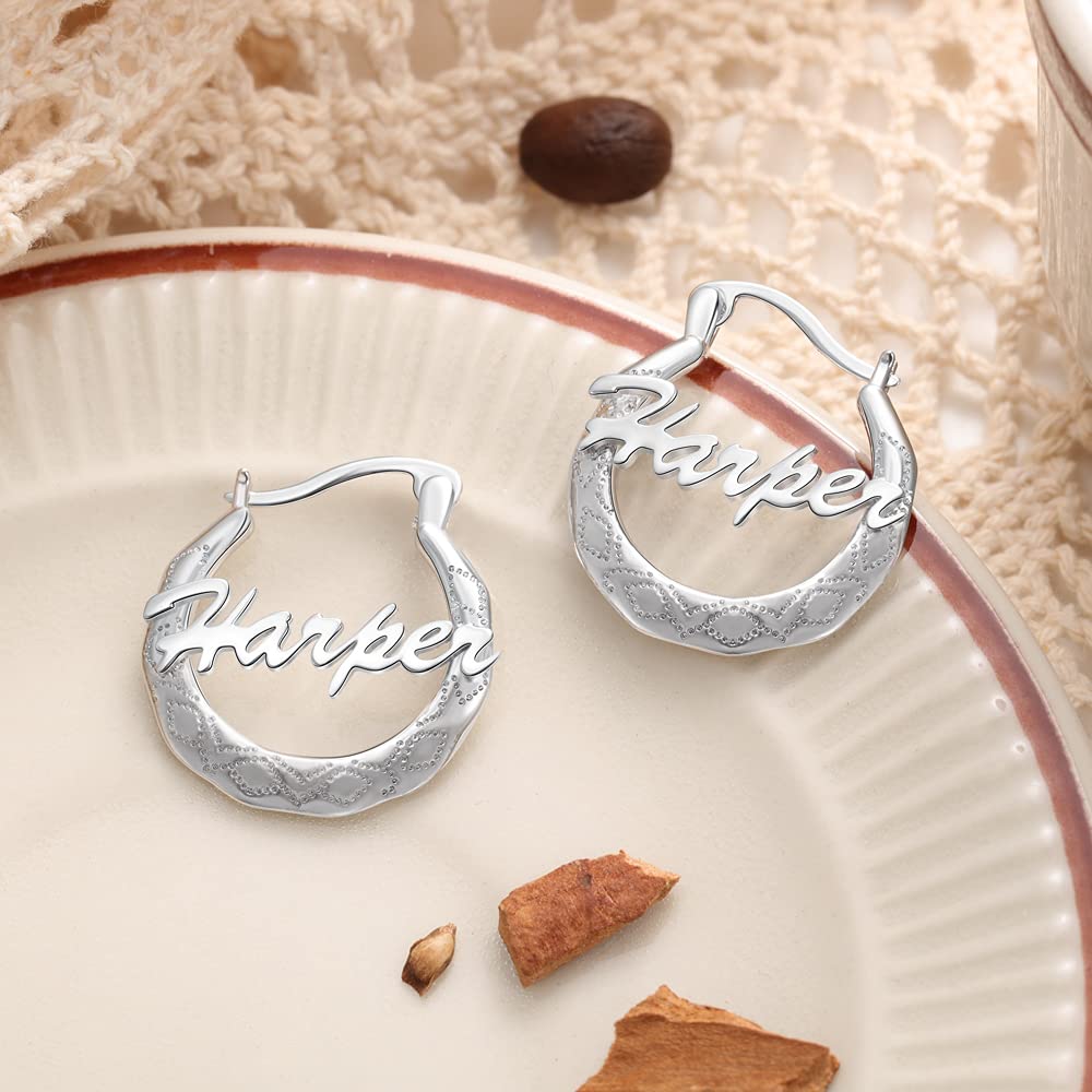 925 Sterling Silver Custom Name Earrings Personalized Script Initials Hoop Earrings Jewelry for Women Personalize with Any Name (Silver)