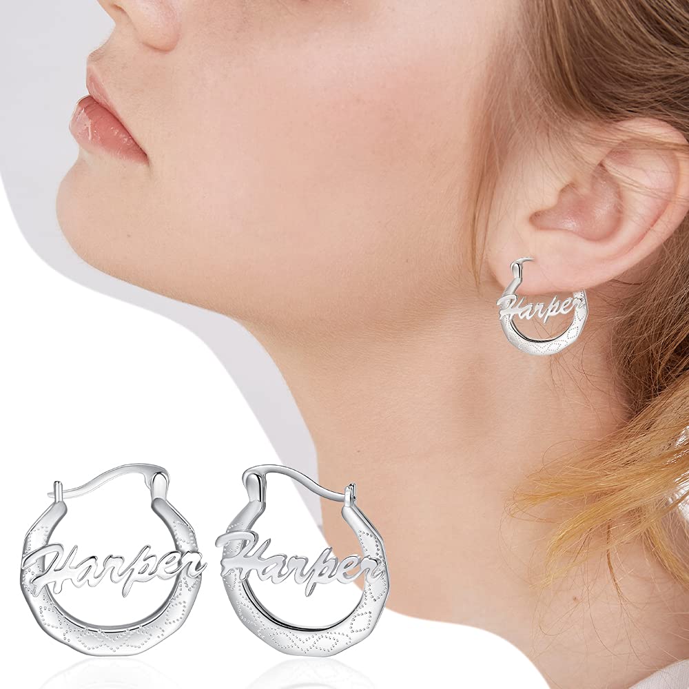 925 Sterling Silver Custom Name Earrings Personalized Script Initials Hoop Earrings Jewelry for Women Personalize with Any Name (Silver)