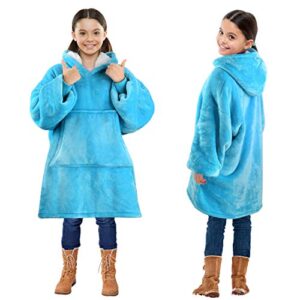 solaris wearable blanket hoodie for kids - warm soft gift, oversized cozy sherpa fleece sweatshirt pullover for teens, girls, boys, large pocket, light blue