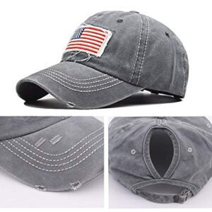 Distressed Ponytail Hat for Women American-Flag Pony Tail Caps High Bun Grey