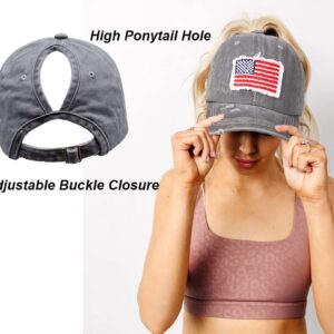 Distressed Ponytail Hat for Women American-Flag Pony Tail Caps High Bun Grey