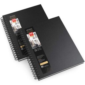 ARTEZA Watercolor Sketchbook, 2-Pack, 64 Pages Each, 9x12 Inches, Black Hardcover Watercolor Notebook, 140lb/300gsm Spiral Watercolor Paper