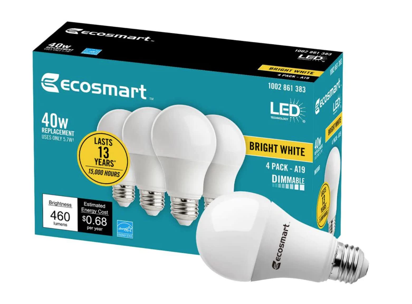 EcoSmart 40-Watt Equivalent A19 Dimmable Energy Star LED Light Bulb Bright White (4-Pack)