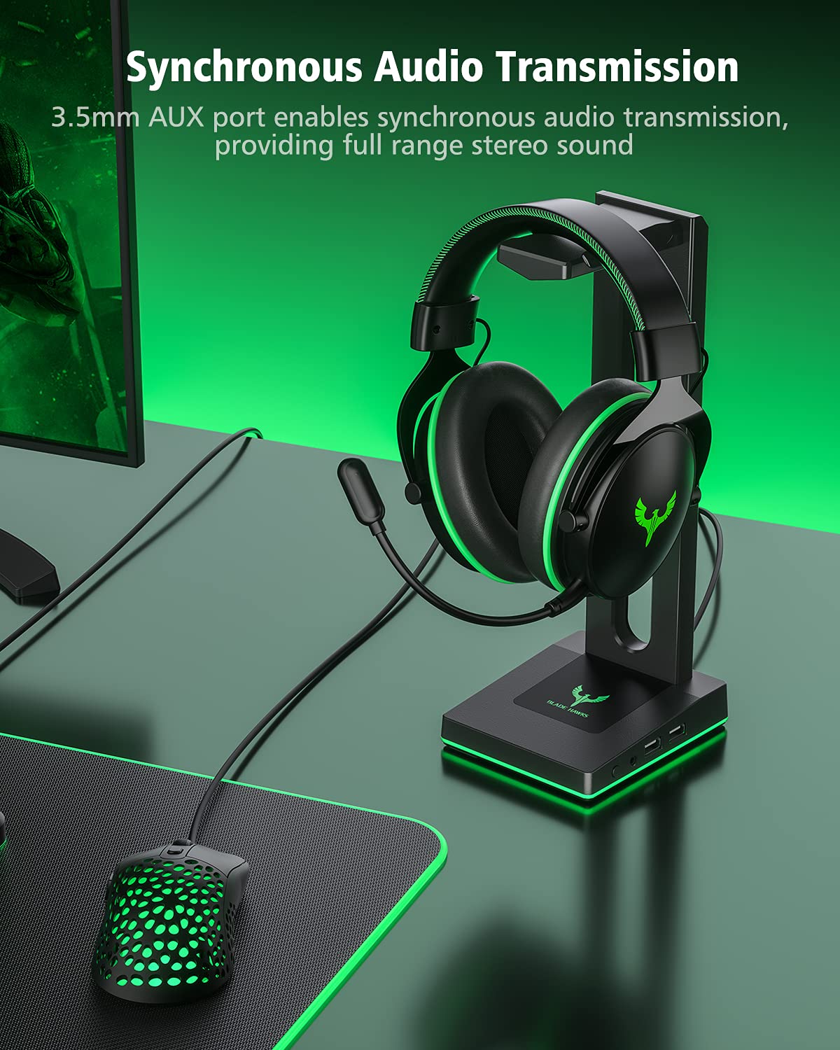 Blade Hawks RGB Gaming Headphone Stand with 3.5mm AUX and 2 USB Ports, Durable Headset Stand Holder for Bose, Beats, Sony, Sennheiser, Jabra, JBL, AKG, Fancy Gaming Accessories - HS18 (Only for PC)