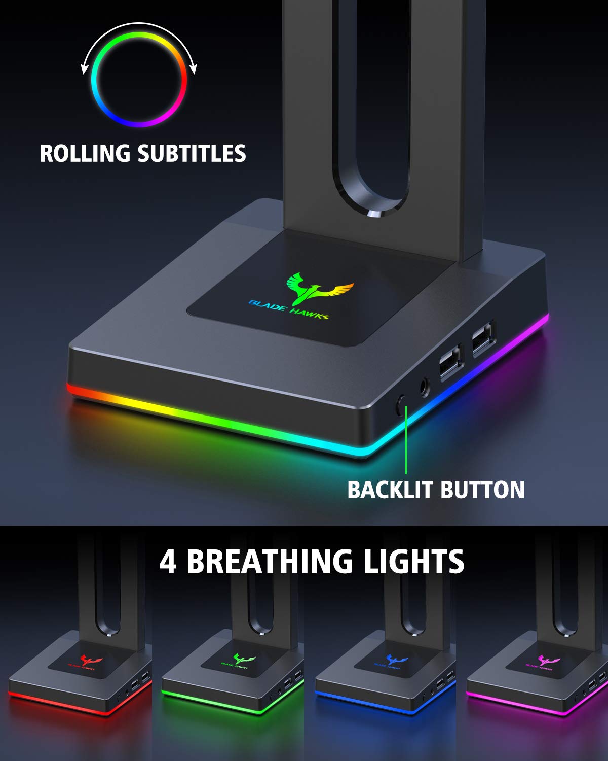 Blade Hawks RGB Gaming Headphone Stand with 3.5mm AUX and 2 USB Ports, Durable Headset Stand Holder for Bose, Beats, Sony, Sennheiser, Jabra, JBL, AKG, Fancy Gaming Accessories - HS18 (Only for PC)