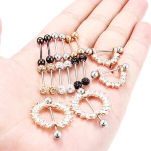 Lcolyoli 16Pcs 16G Surgical Steel Tongue Ring Nipple Shield Barbell Ring Bar Nipplerings Body Piercing Jewelry for Women Men Silver Black Rose Gold Dangle Nipple Rings Diamond CZ