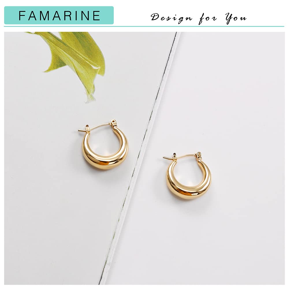 FAMARINE Chunky Hoop Earrings, Dainty Minimalist Open Hoops Earrings For Women, 14K Gold Plated