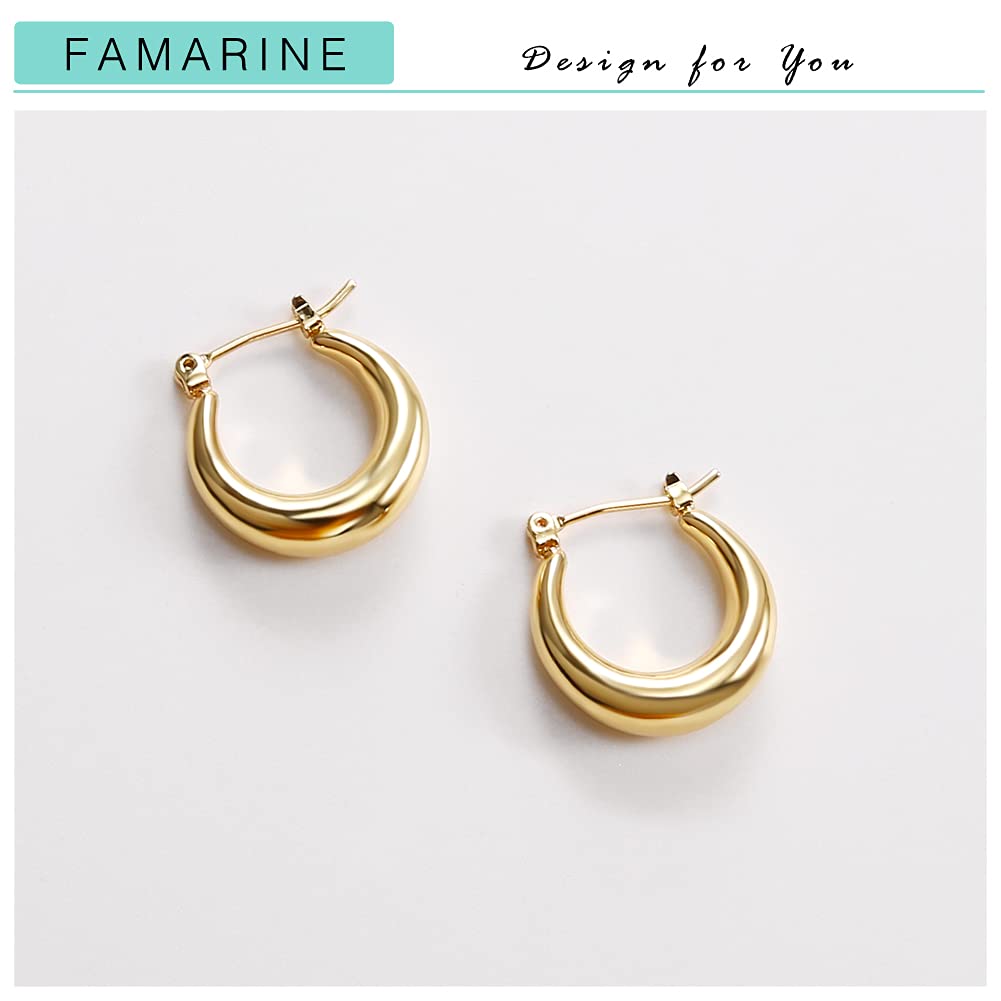 FAMARINE Chunky Hoop Earrings, Dainty Minimalist Open Hoops Earrings For Women, 14K Gold Plated