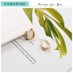 FAMARINE Chunky Hoop Earrings, Dainty Minimalist Open Hoops Earrings For Women, 14K Gold Plated