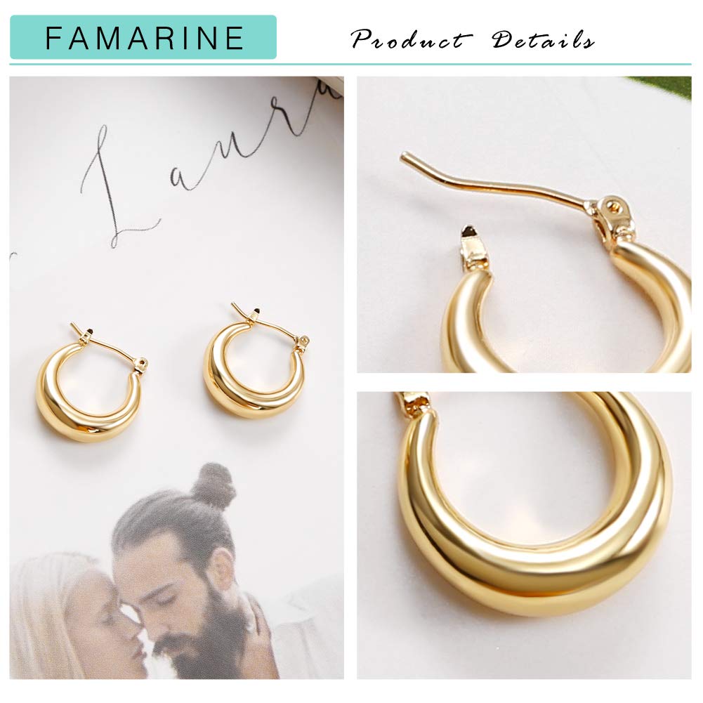 FAMARINE Chunky Hoop Earrings, Dainty Minimalist Open Hoops Earrings For Women, 14K Gold Plated