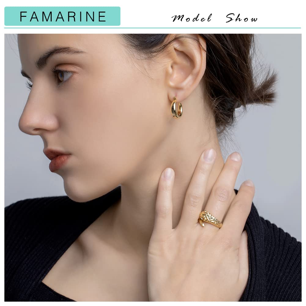 FAMARINE Chunky Hoop Earrings, Dainty Minimalist Open Hoops Earrings For Women, 14K Gold Plated