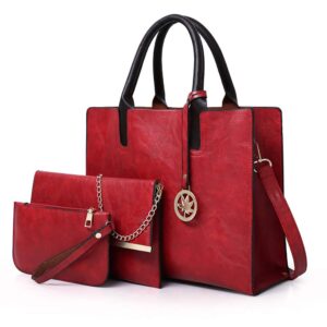 Women Handbags Sets 3 Pcs Large Capacity Handbag Chain Shoulder Bag Clutch Wrist Purse, Red