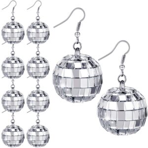 hicarer disco mirror ball earrings 60's or 70's dance party silver costume accessories for women and girls 2024 new year party(5 pairs)