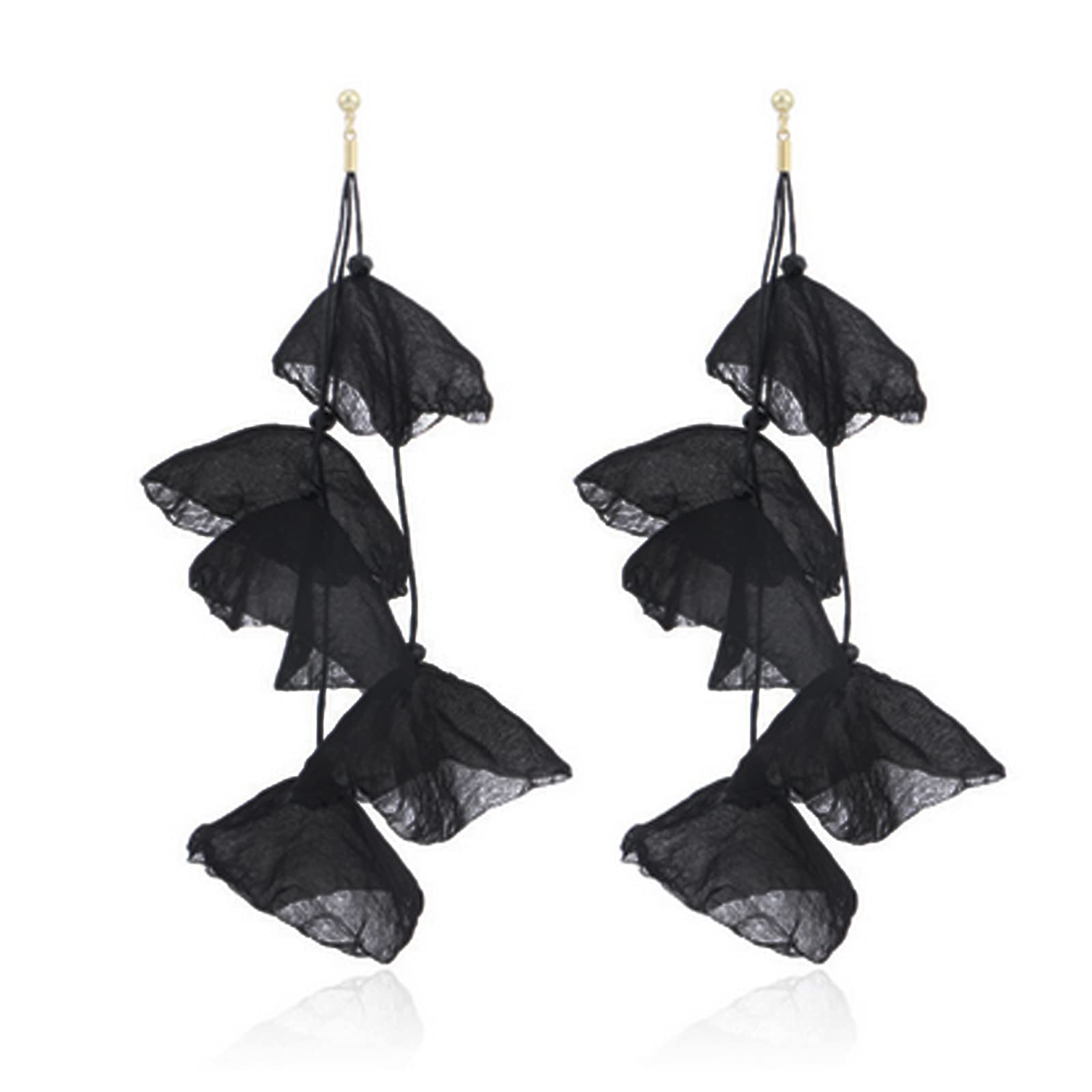 Black Earrings for Women Long Tiered Chiffon Flower Statement Earrings Unique Drop Dangle Earrings for Daily Dresses Wedding Holiday Party