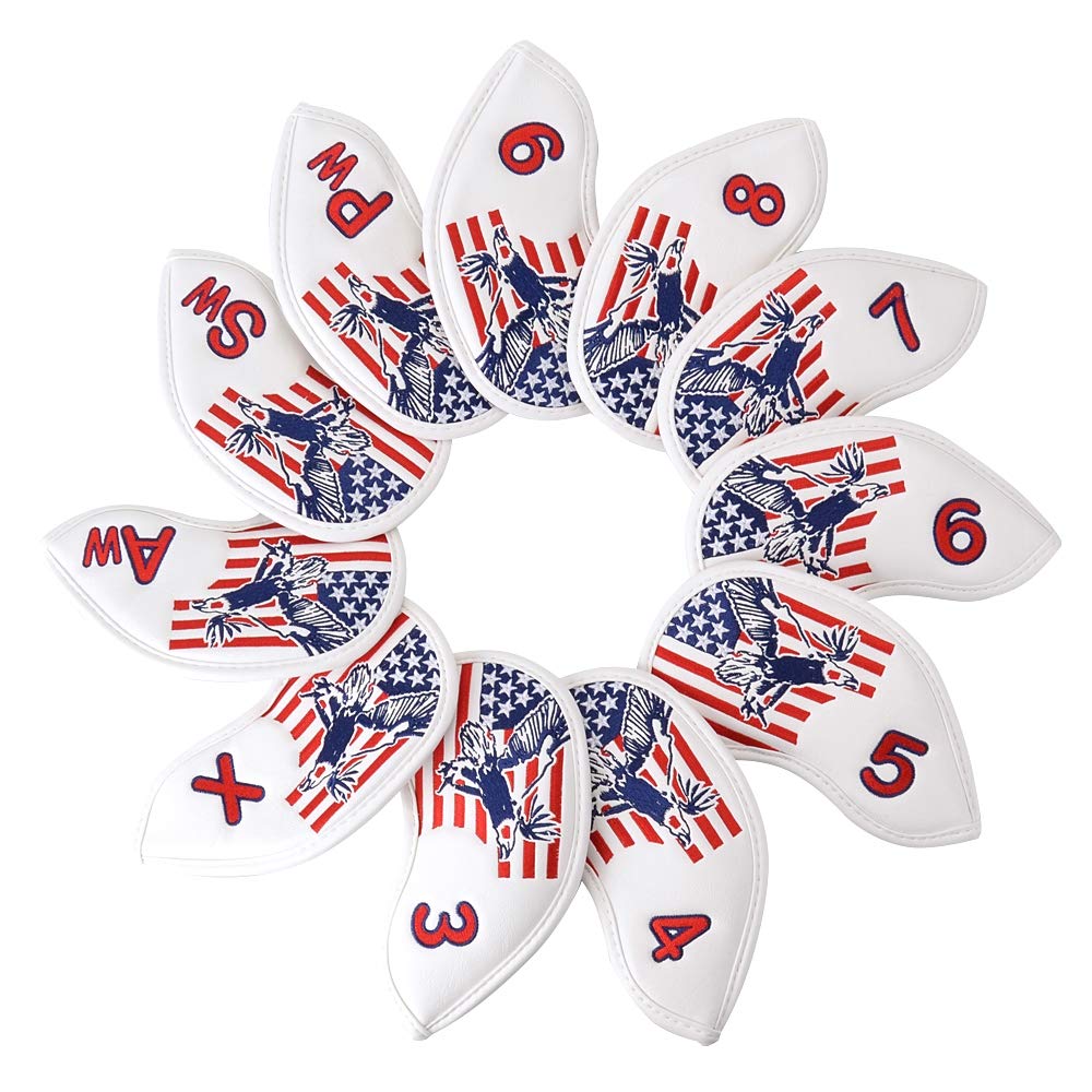 GOOACTION 11PCS USA Eagle Golf Club Iron Headcovers American Stars Stripes Flag Pattern Thick Synthetic Leather Patriotic Golf Head Covers Set