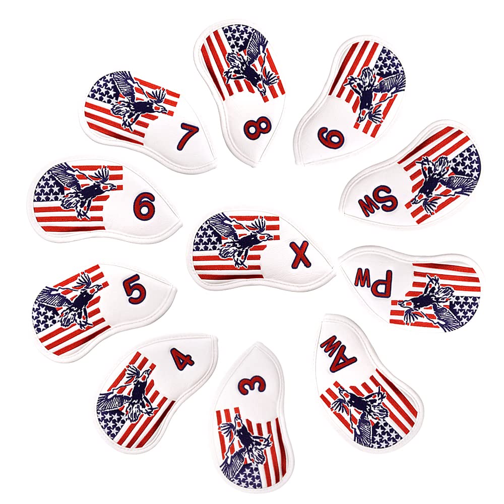 GOOACTION 11PCS USA Eagle Golf Club Iron Headcovers American Stars Stripes Flag Pattern Thick Synthetic Leather Patriotic Golf Head Covers Set