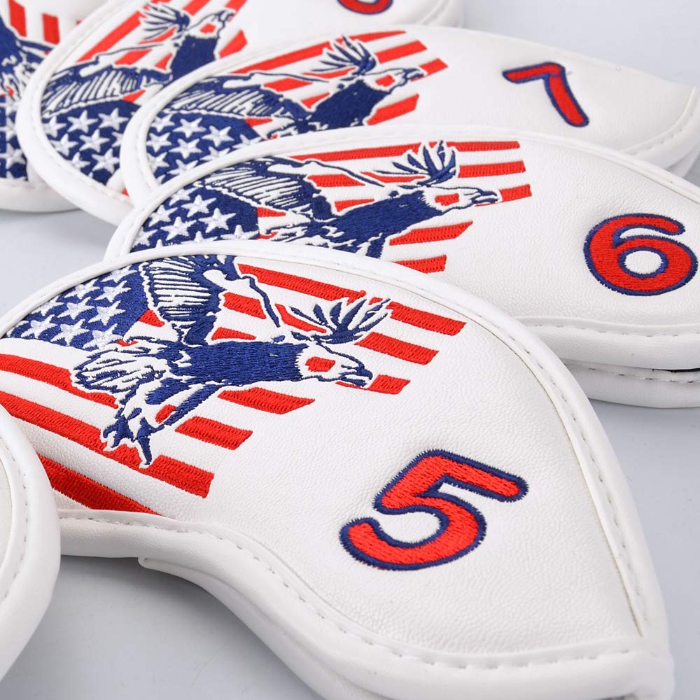 GOOACTION 11PCS USA Eagle Golf Club Iron Headcovers American Stars Stripes Flag Pattern Thick Synthetic Leather Patriotic Golf Head Covers Set