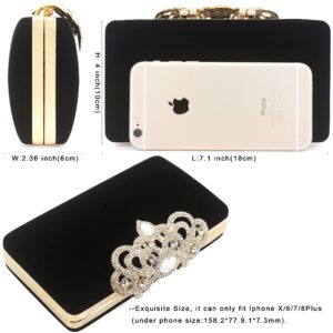 Dexmay Velvet Clutch with Rhinestone Crystal Crown Clasp Evening Bag for Formal Party Black Medium