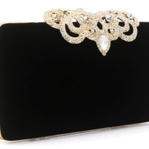 Dexmay Velvet Clutch with Rhinestone Crystal Crown Clasp Evening Bag for Formal Party Black Medium