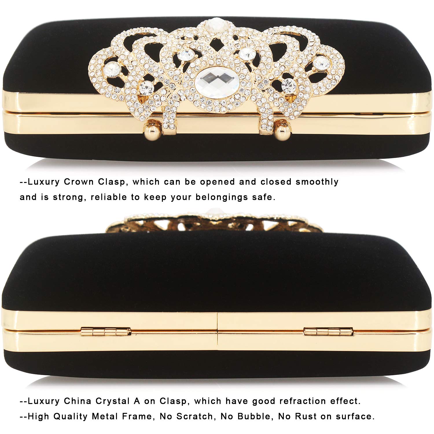 Dexmay Velvet Clutch with Rhinestone Crystal Crown Clasp Evening Bag for Formal Party Black Medium