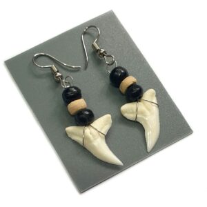 Genuine Mako Shark Tooth Earrings, Handmade Wooden Beads Dangle Shark Tooth Earrings for Women Jewelry GA056-A