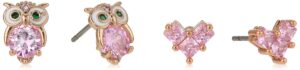 betsey johnson cz stone delicate owl & heart duo stud earrings set