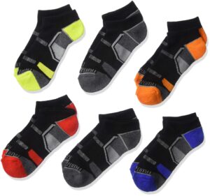 fruit of the loom boys' 6 pack no show everyday active socks (medium (shoe size 9-2.5), black assorted)