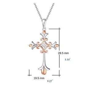 FANCIME Two-Tone 14K White Rose Gold Plated Sterling Silver Embossed Infinity Cross Crucifix Pendant Necklace with Round CZ for Women,16+2"