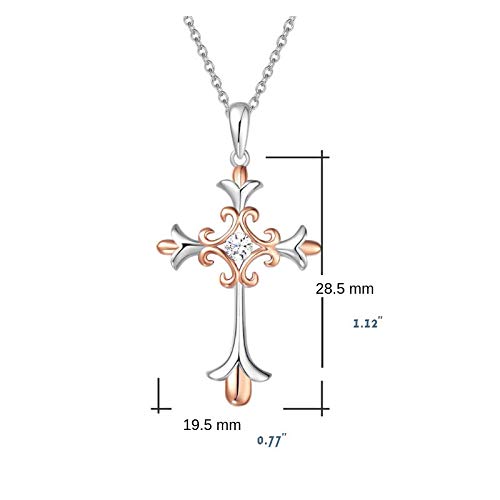 FANCIME Two-Tone 14K White Rose Gold Plated Sterling Silver Embossed Infinity Cross Crucifix Pendant Necklace with Round CZ for Women,16+2"