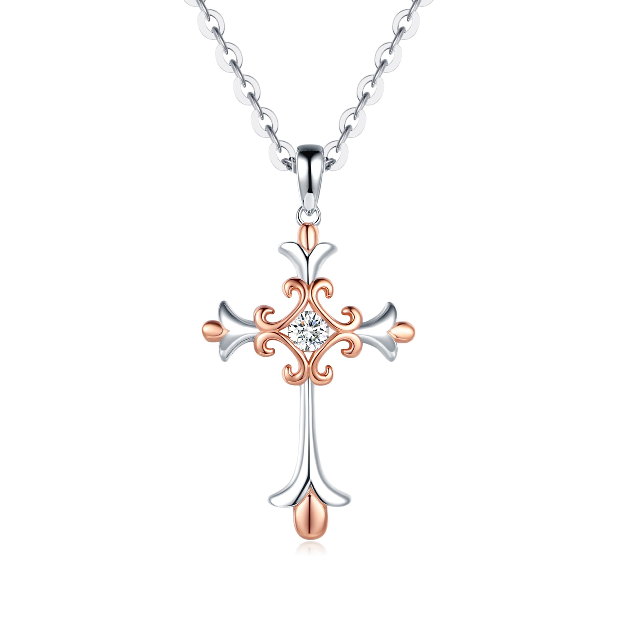 FANCIME Two-Tone 14K White Rose Gold Plated Sterling Silver Embossed Infinity Cross Crucifix Pendant Necklace with Round CZ for Women,16+2"