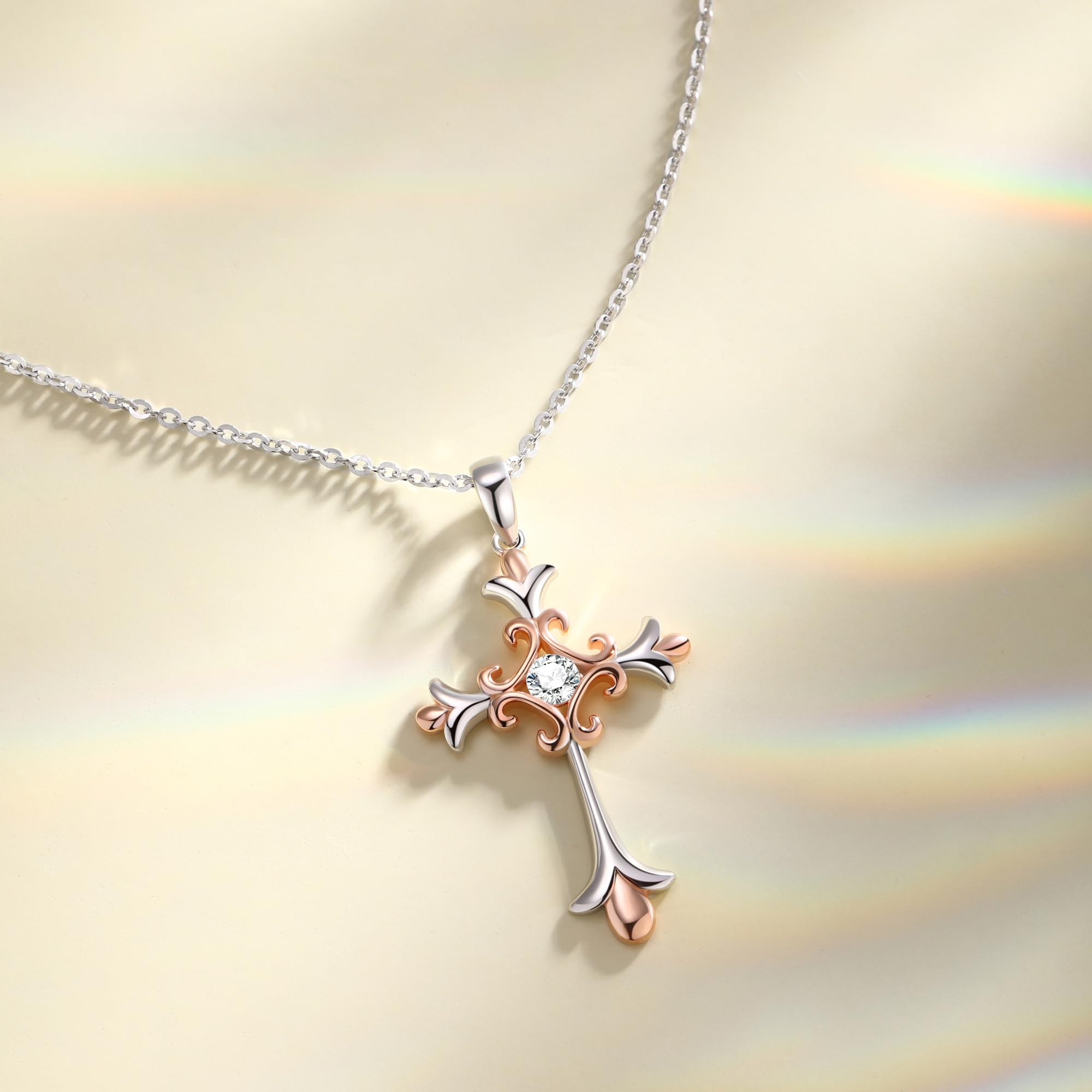 FANCIME Two-Tone 14K White Rose Gold Plated Sterling Silver Embossed Infinity Cross Crucifix Pendant Necklace with Round CZ for Women,16+2"