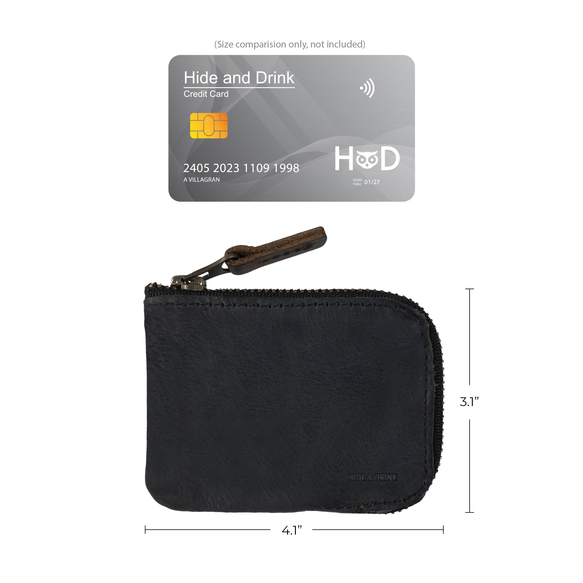 Hide & Drink, Zippered Card Wallet for Men and Women, Coin Pouch, Money Holder, Pocket Organizer, Full Grain Leather, Handmade, Charcoal Black