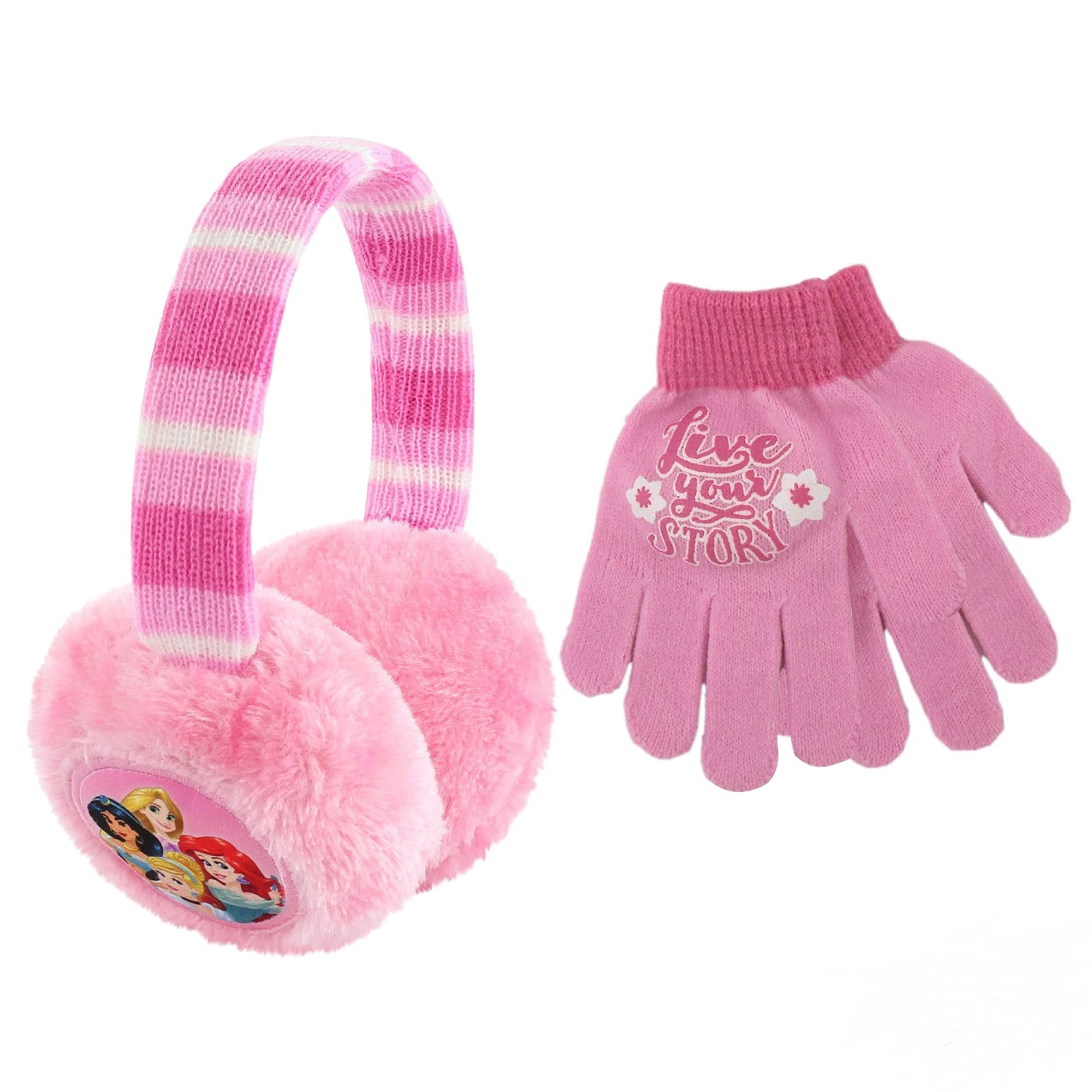 Disney Winter Earmuffs Warmers and Kids Gloves Sets, Princess Plush, Pink, Little Girls, Ages 4-7