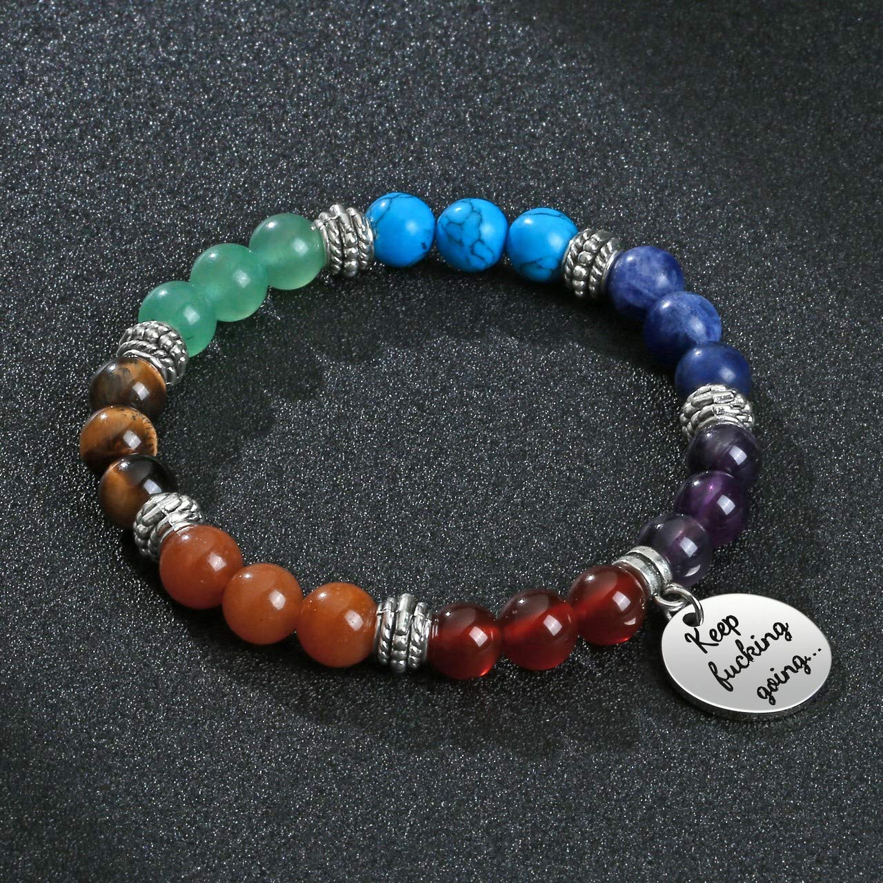 Top Plaza 7 Chakra Stone Bead Bracelets Yoga Reiki Healing Crystals Gemstone Beaded Bracelet Friendship Inspirational Message Charm Bracelet for Women Men - Keep Going