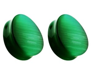 pierced owl natural green cat's eye stone double flared tear drop plugs, sold as a pair (19mm (3/4"))