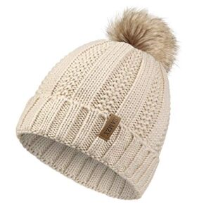 samzx womens winter hat thick cable knit warm beanie for women with faux fur pom pom hat beige