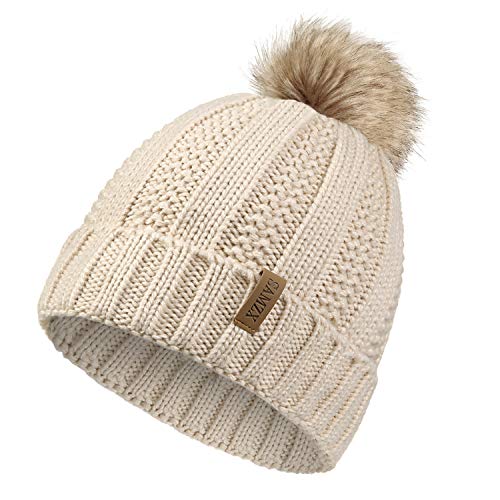 SAMZX Womens Winter Hat Thick Cable Knit Warm Beanie for Women with Faux Fur Pom Pom Hat Beige