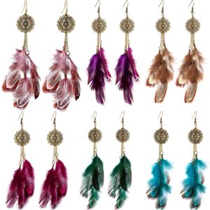 6 Pairs Women Faux Feather Earrings Dream Catcher Earring Bohemian Fringe Tassel Long Drop Dangle Earrings Set with Design for Women (Style 8)