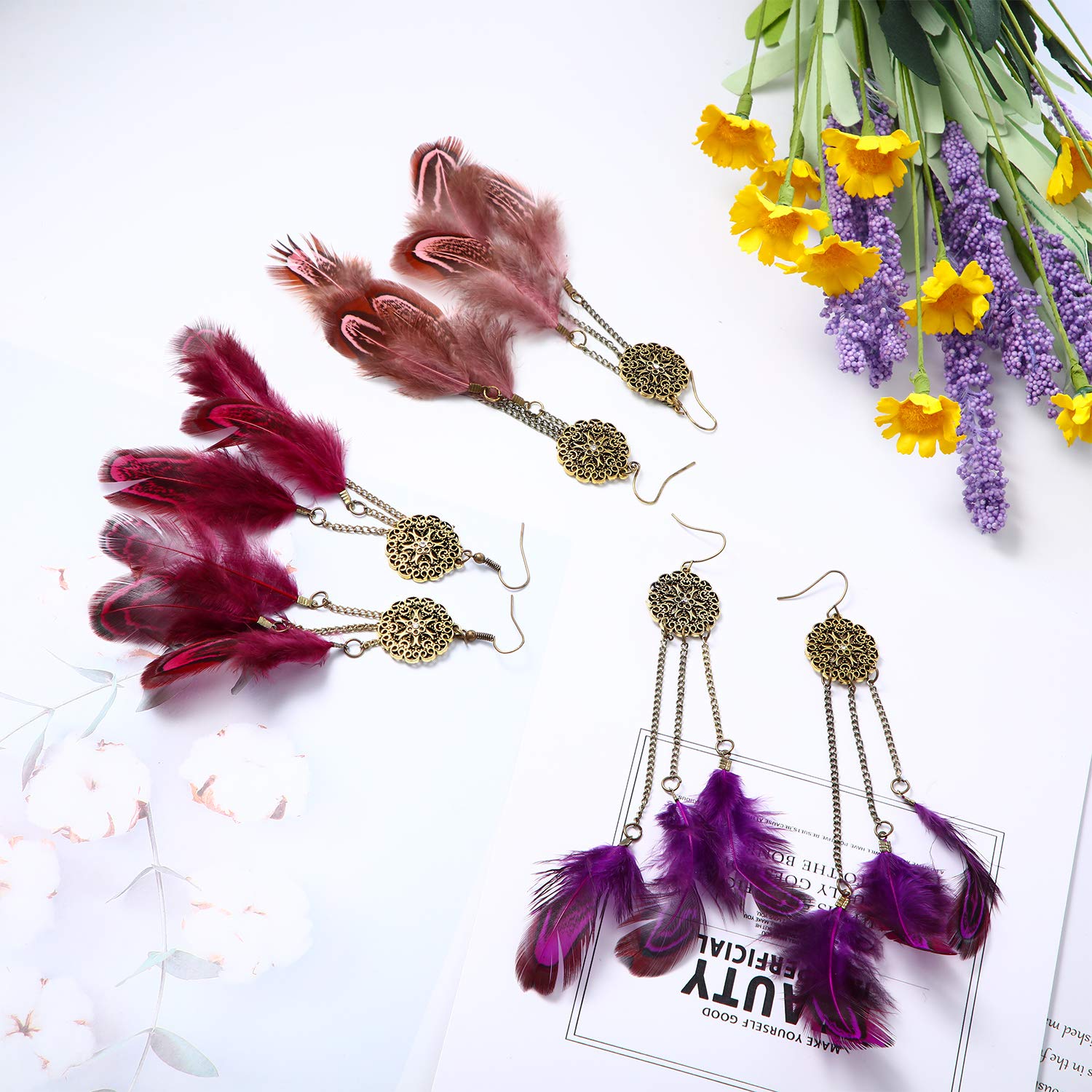 6 Pairs Women Faux Feather Earrings Dream Catcher Earring Bohemian Fringe Tassel Long Drop Dangle Earrings Set with Design for Women (Style 8)