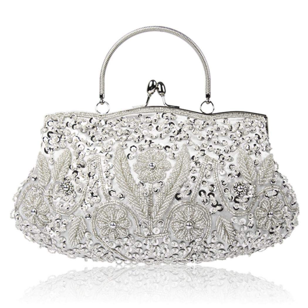 Women Vintage Beaded Evening Clutch Vintage Design Sequin Floral Top-handle Handbag Party Wedding Purse Wallet (Silver)