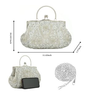 Women Vintage Beaded Evening Clutch Vintage Design Sequin Floral Top-handle Handbag Party Wedding Purse Wallet (Silver)