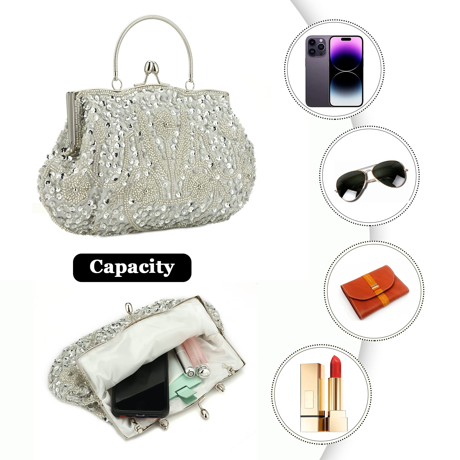 Women Vintage Beaded Evening Clutch Vintage Design Sequin Floral Top-handle Handbag Party Wedding Purse Wallet (Silver)