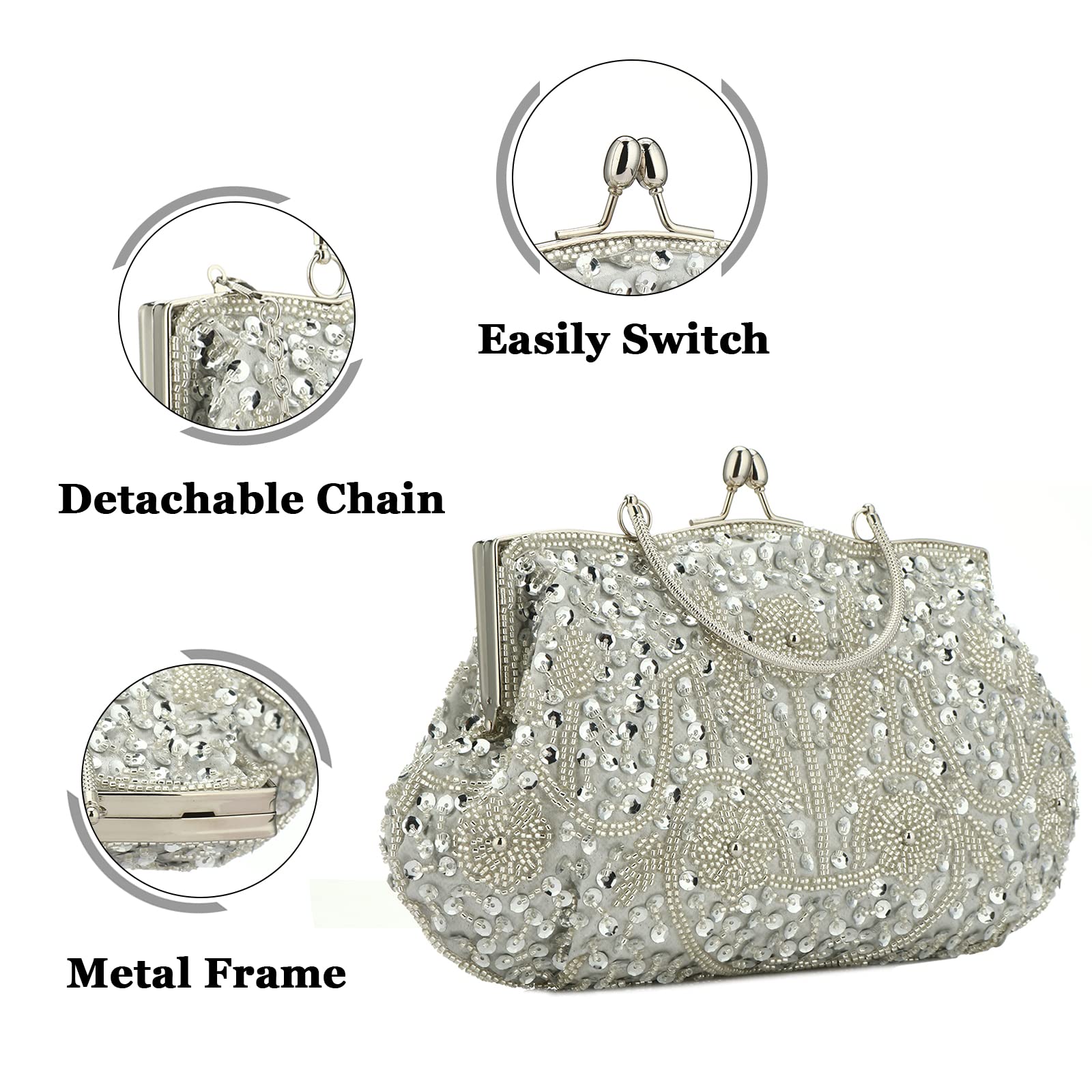 Women Vintage Beaded Evening Clutch Vintage Design Sequin Floral Top-handle Handbag Party Wedding Purse Wallet (Silver)