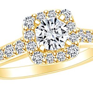 AFFY 1 Carat (Cttw) Round White Natural Diamond Square Frame Halo Engagement Wedding Ring In 14k Solid Yellow Gold Ring Size-7