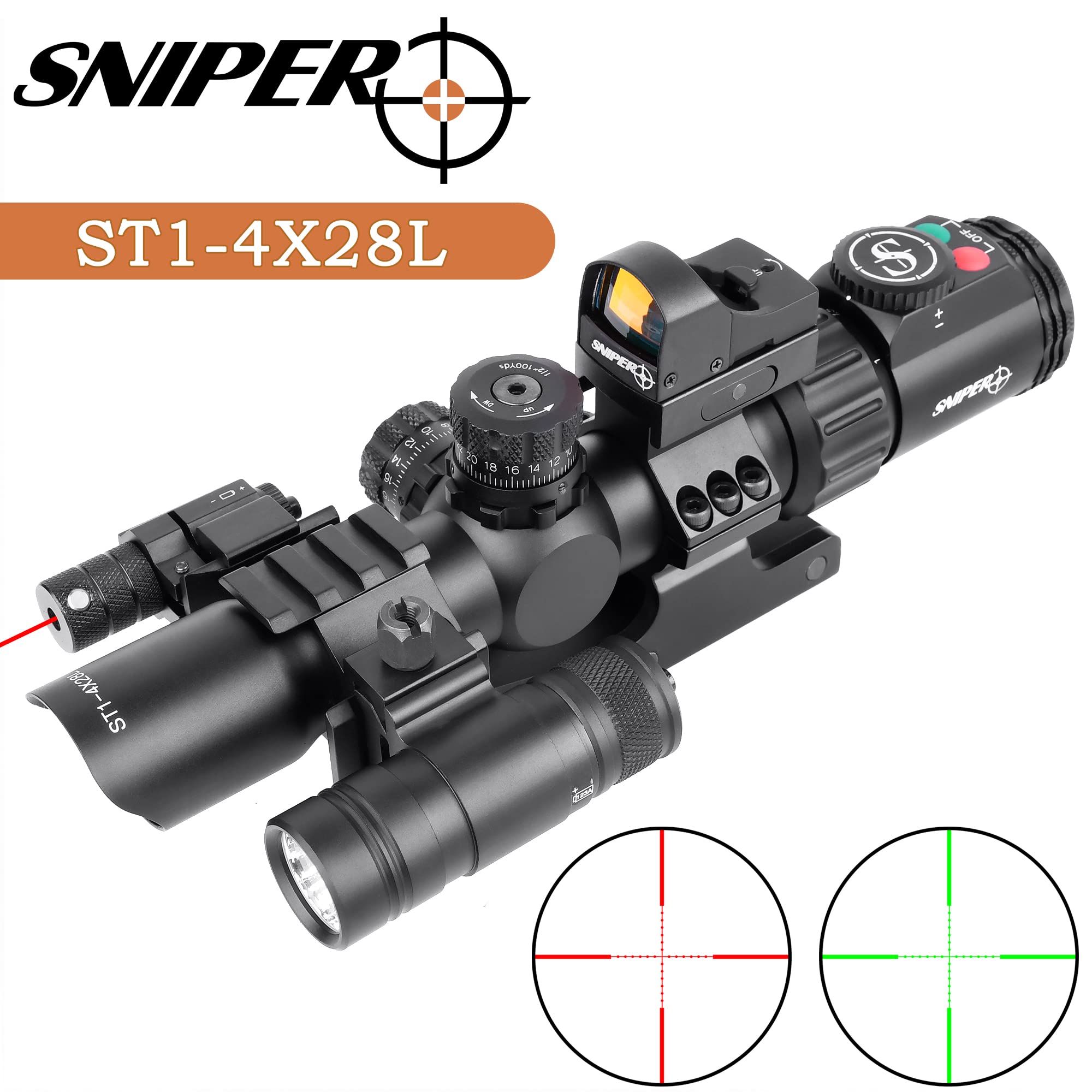 Sniper ST1-4X28 Rifle Scope Combo REDDOT Flashlight RED Laser