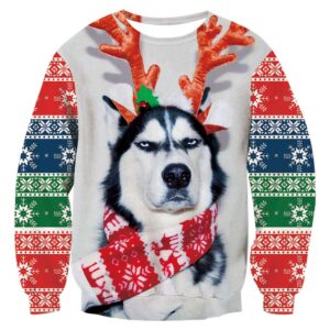 RAISEVERN Ugly Christmas Sweater for Men Women Funny Xmas Dog Husky Scarf Sweatshirt Holiday Festive Long Sleeve Winter Reindeer Pullover Top