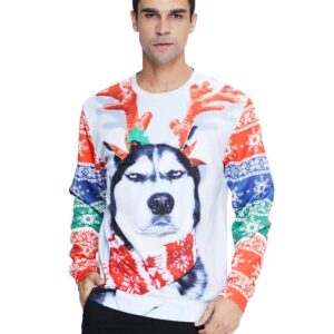 RAISEVERN Ugly Christmas Sweater for Men Women Funny Xmas Dog Husky Scarf Sweatshirt Holiday Festive Long Sleeve Winter Reindeer Pullover Top